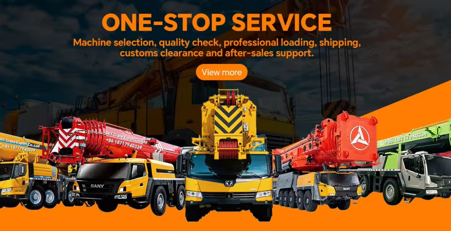 XCMG truck crane with yellow and black color scheme, standing on construction site with clear sky background, professional industrial equipment photography